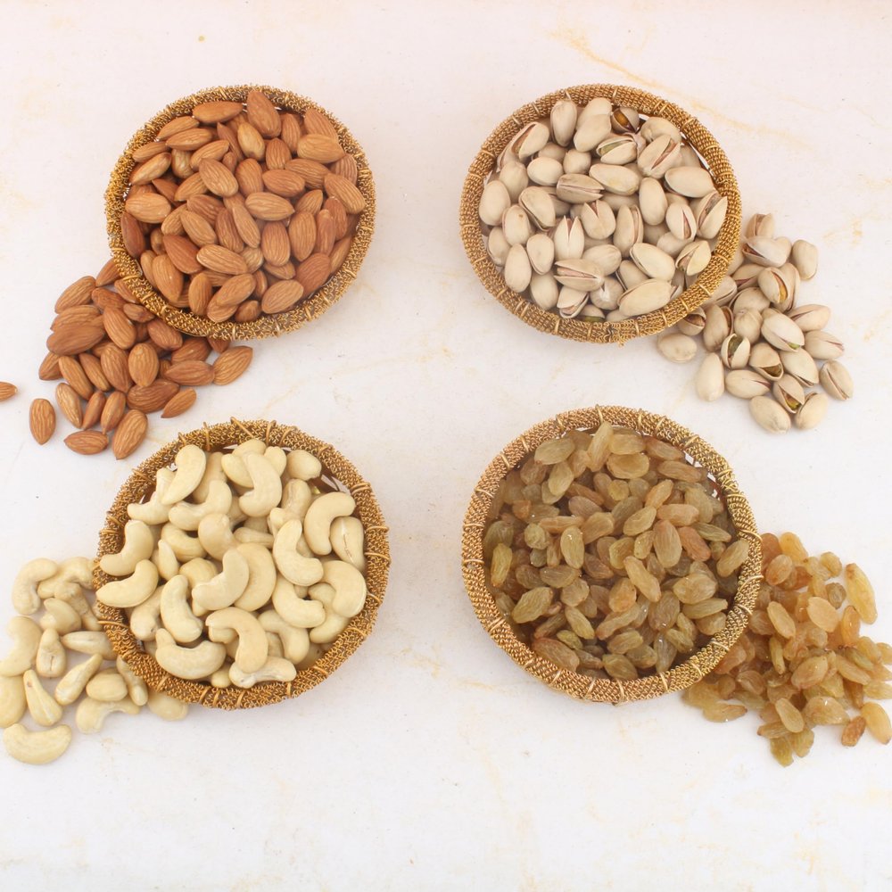 SFU E Com Dry Fruit Gift Hamper With Pack Of 4 Golden Katori Cashew, Almond, Pistachios And Raisin | Dry Fruit Hamper For Corporate Gifts, Family, Friends, New year | 147