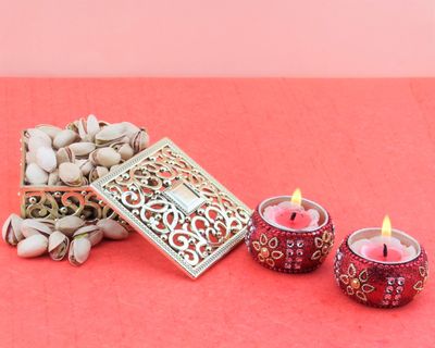 SFU E Com Dry Fruit Gift Hamper With Golden Box And Pistachios, 2Pcs. Designer Diya | Dry Fruit Hamper For Corporate Gifts, Family, Friends, New year | 079