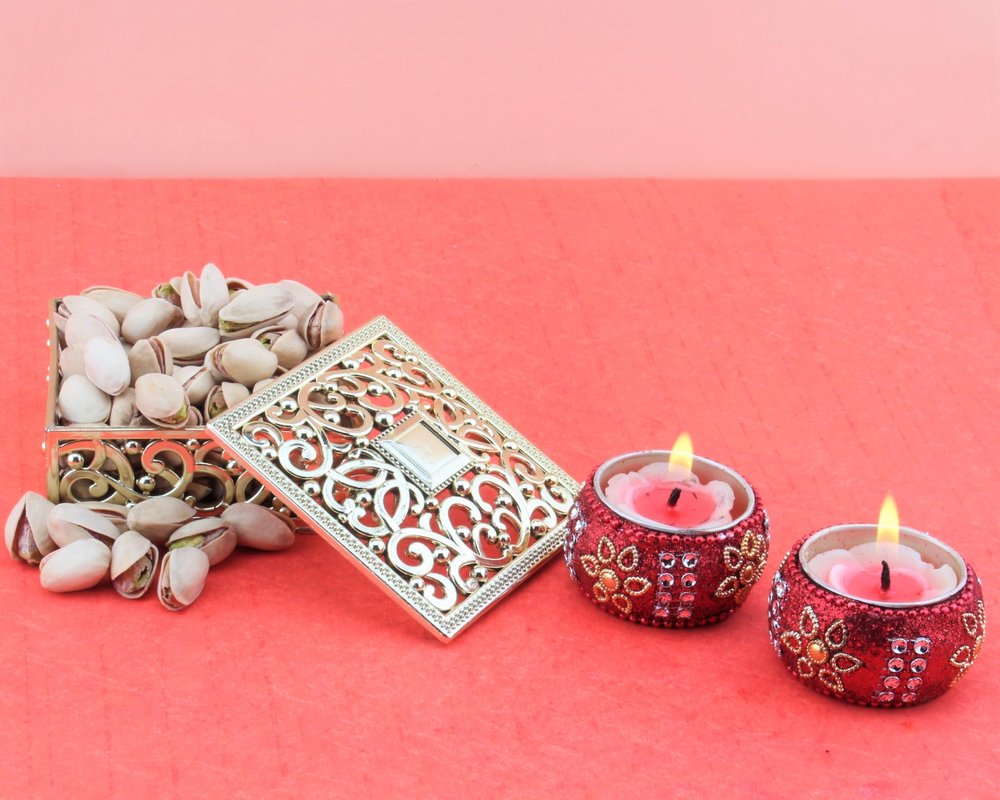 SFU E Com Dry Fruit Gift Hamper With Golden Box And Pistachios, 2Pcs. Designer Diya | Dry Fruit Hamper For Corporate Gifts, Family, Friends, New year | 079