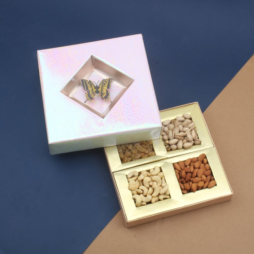 SFU E Com Dry Fruit Gift Hamper Butterfly Box With Pack Of 4 Dry Fruits Cashew, Almond, Pistachios And Raisin | Dry Fruit Hamper For Corporate Gifts, Family, Friends, New year | 153