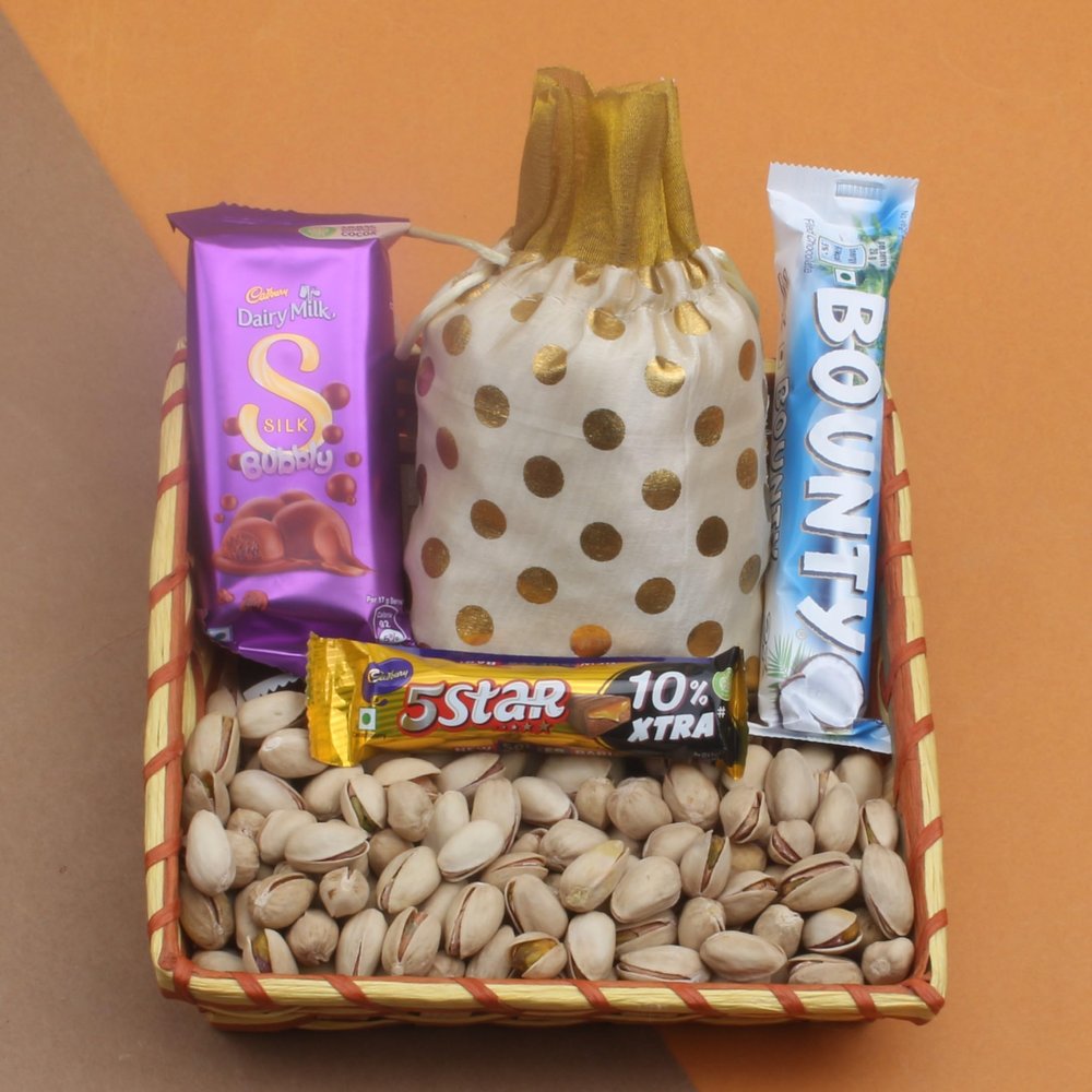 SFU E Com Bounty Chocolate With Pistachios and Decorative Potli | Ideal for Rakhi, Diwali and Festive Gifting | 412