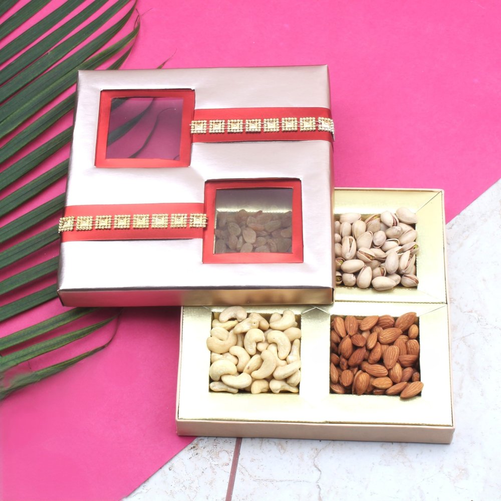 SFU E Com Dry Fruit Gift Hamper Designer Box With Pack Of 4 Dry Fruits Cashew, Almond, Pistachios And Raisin | Dry Fruit Hamper For Corporate Gifts, Family, Friends, New year | 157
