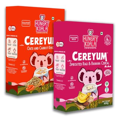 HUNGRY KOALA Cereal Made With Natural Ingridients Oats Carrot Ragi & Banana For Kids To Grow Healthy No Preservative Or Additives Or Maida 400 Grams Pack Of 2