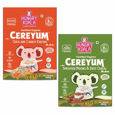 HUNGRY KOALA Cereal Made With Natural Ingridients Oats Carrot Sprouted Moong & Dates For Kids To Grow Healthy No Preservative Or Additives Or Maida 400 Grams Pack of 2