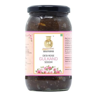 DHANWANTRE Premium DESI | EXPORT QUALITY | GULAB MISHRI GULKAND |500 gm | ROSE GULKAND in glass bottel| Pure without chemicals and fresh natural ROSE