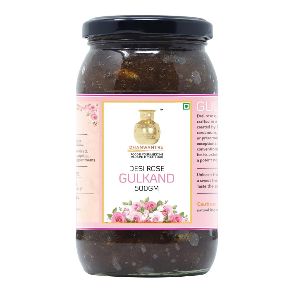 DHANWANTRE Premium DESI | EXPORT QUALITY | GULAB MISHRI GULKAND |500 gm | ROSE GULKAND in glass bottel| Pure without chemicals and fresh natural ROSE