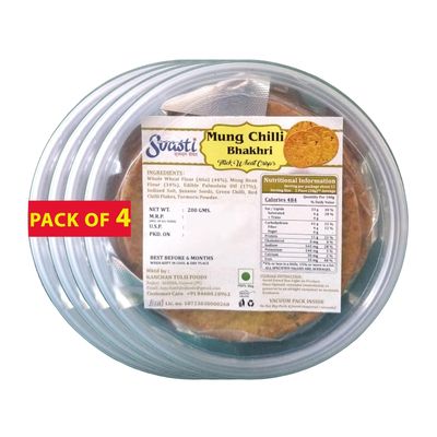 Svasti Dry Bhakri Snacks | Roasted Healthy Gujarati Snacks | No Maida | No Artificial Colours | No Onion & Garlic | Vacuum Packed | Whole Wheat Mung Chilli Bhakhri - 200 gms (Pack Of 4)