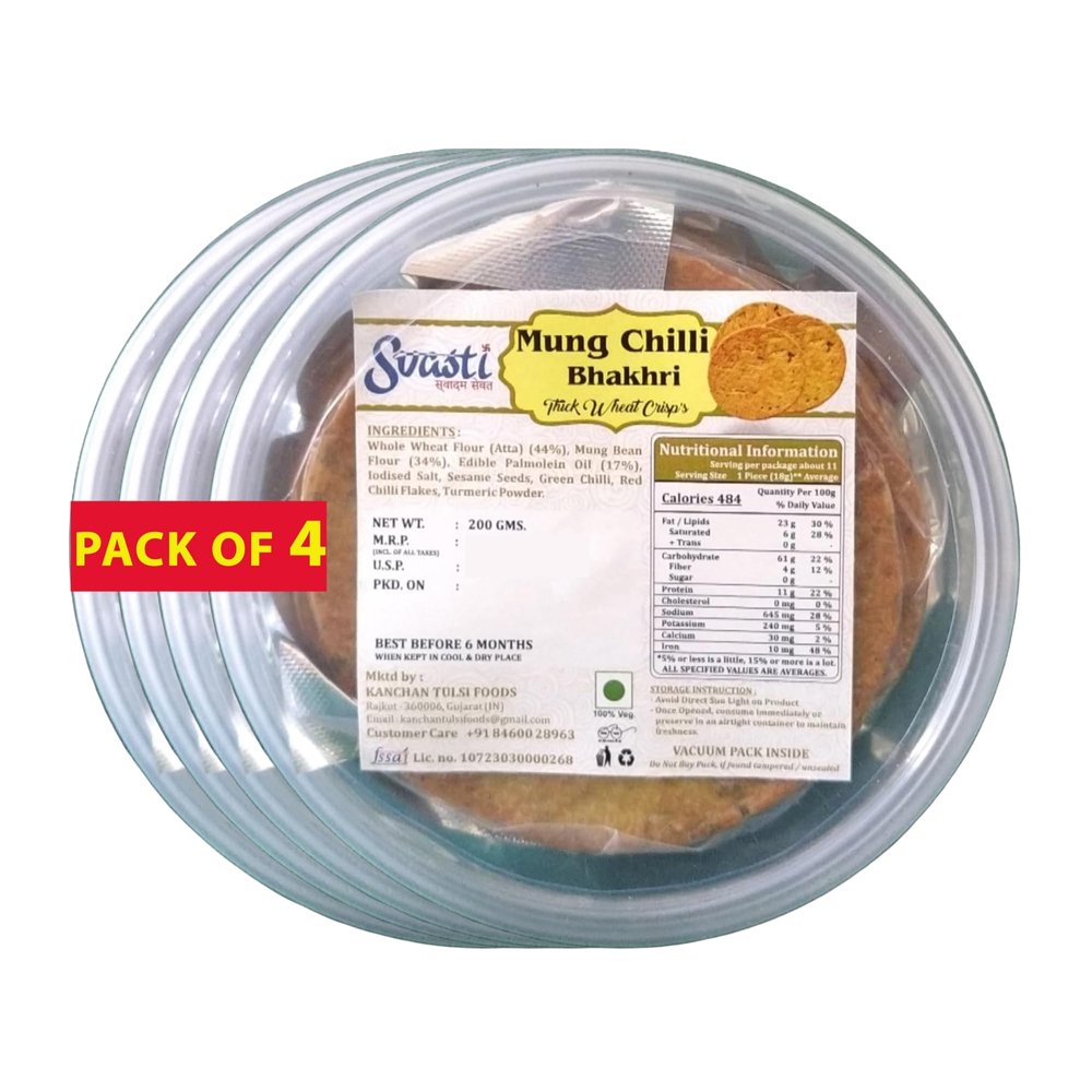 Svasti Dry Bhakri Snacks | Roasted Healthy Gujarati Snacks | No Maida | No Artificial Colours | No Onion & Garlic | Vacuum Packed | Whole Wheat Mung Chilli Bhakhri - 200 gms (Pack Of 4)