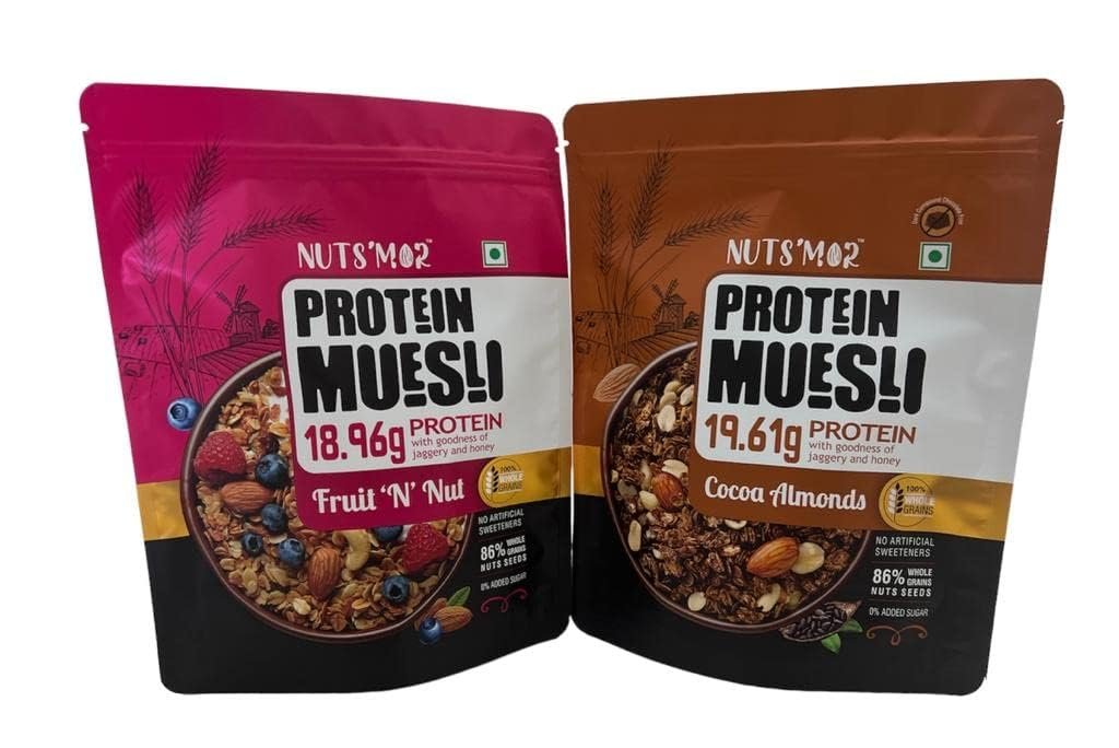 NUTS'MOR combo pack of Protein Muesli protein with goodness of jaggery and honey cocoa almonds & Protein Muesli Fruit 'N' Nut