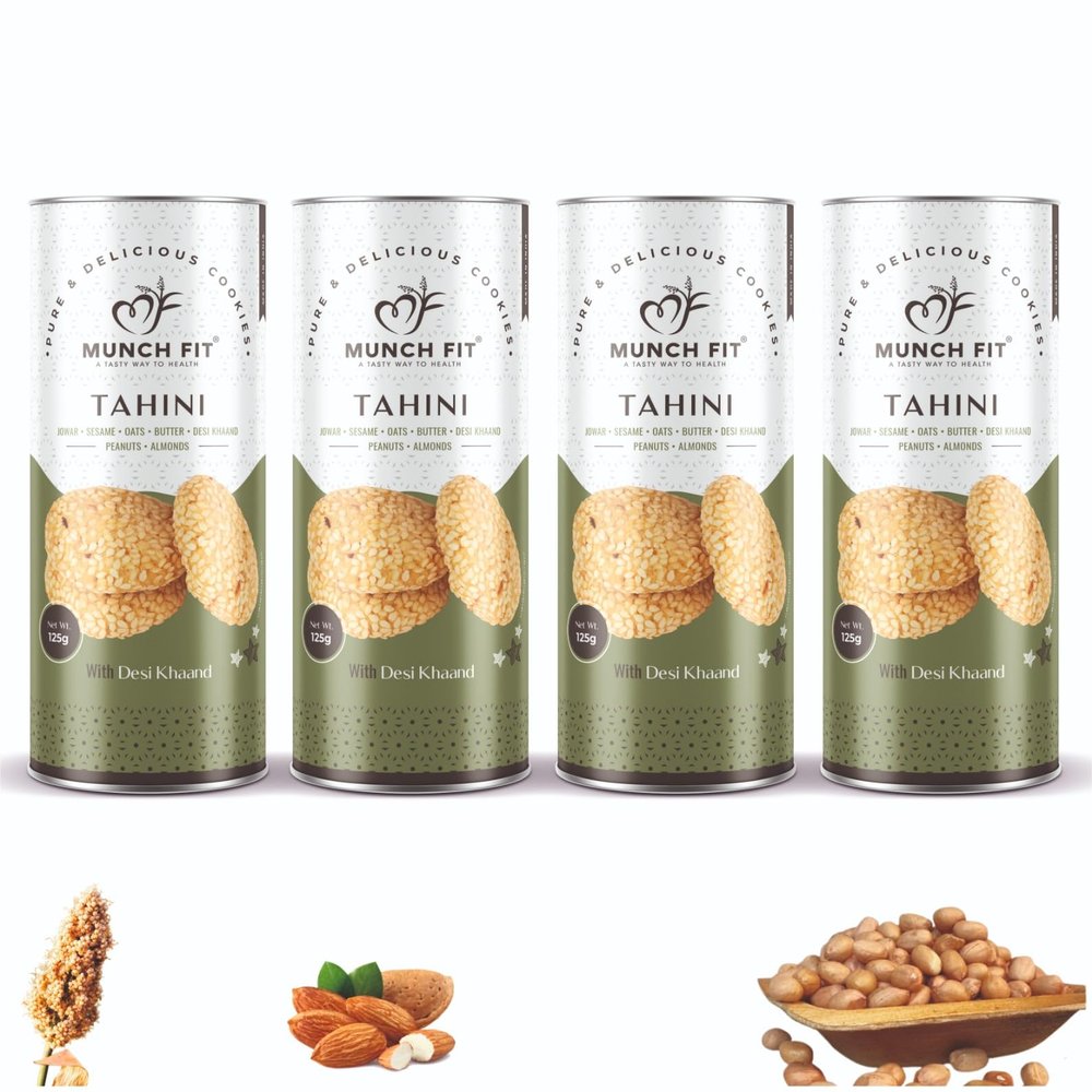 Munch Fit Jowar Sesame Oats Tahini Cookies | Egg Less Cookies Made with Desi Khand 125gm Pack of 4 | Healthy Multigrain Cookies | High Protein, Fiber Gluten Free | Natural Snack for Tea, Coffee & Kids