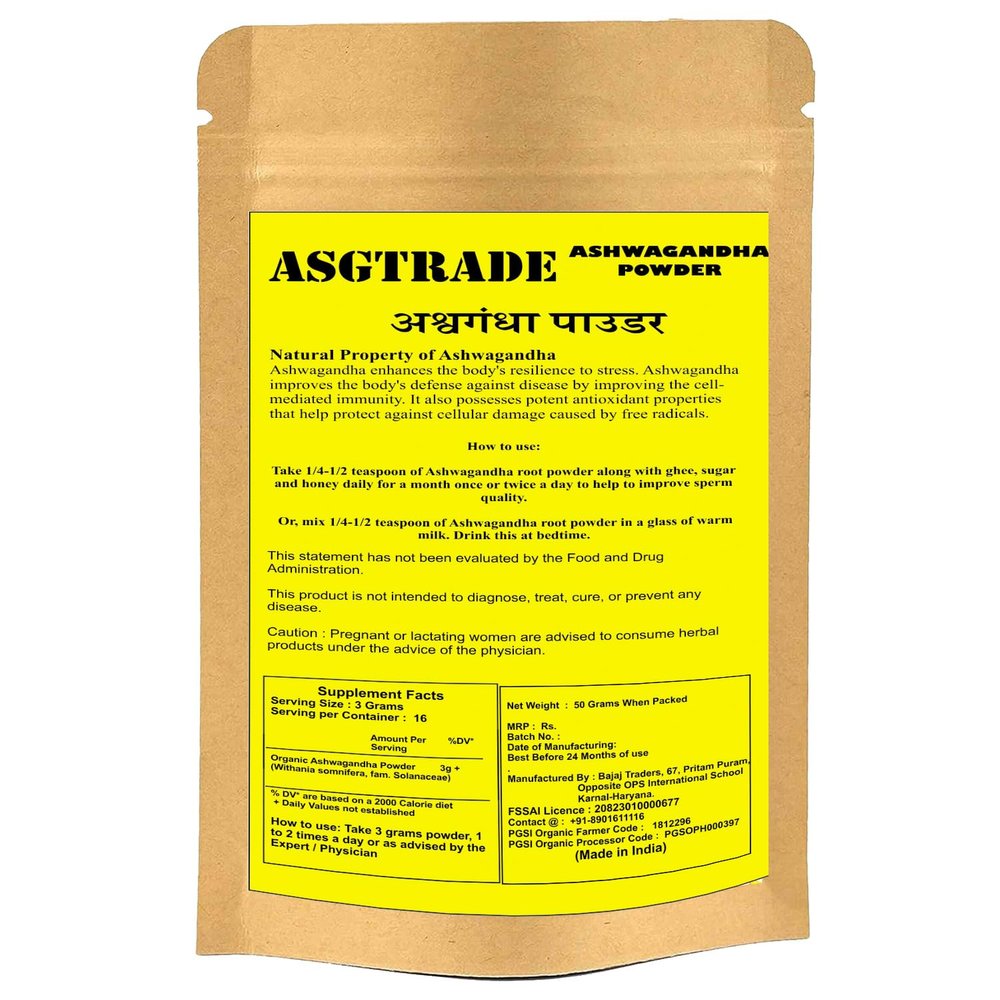 ASGTRADE Direct from Farms Pure and Natural PGSI Organic Ashwagandha Powder for Boost Energy, Strength, Stamina | Helps Anxiety & Stress Relief - 50 Grams