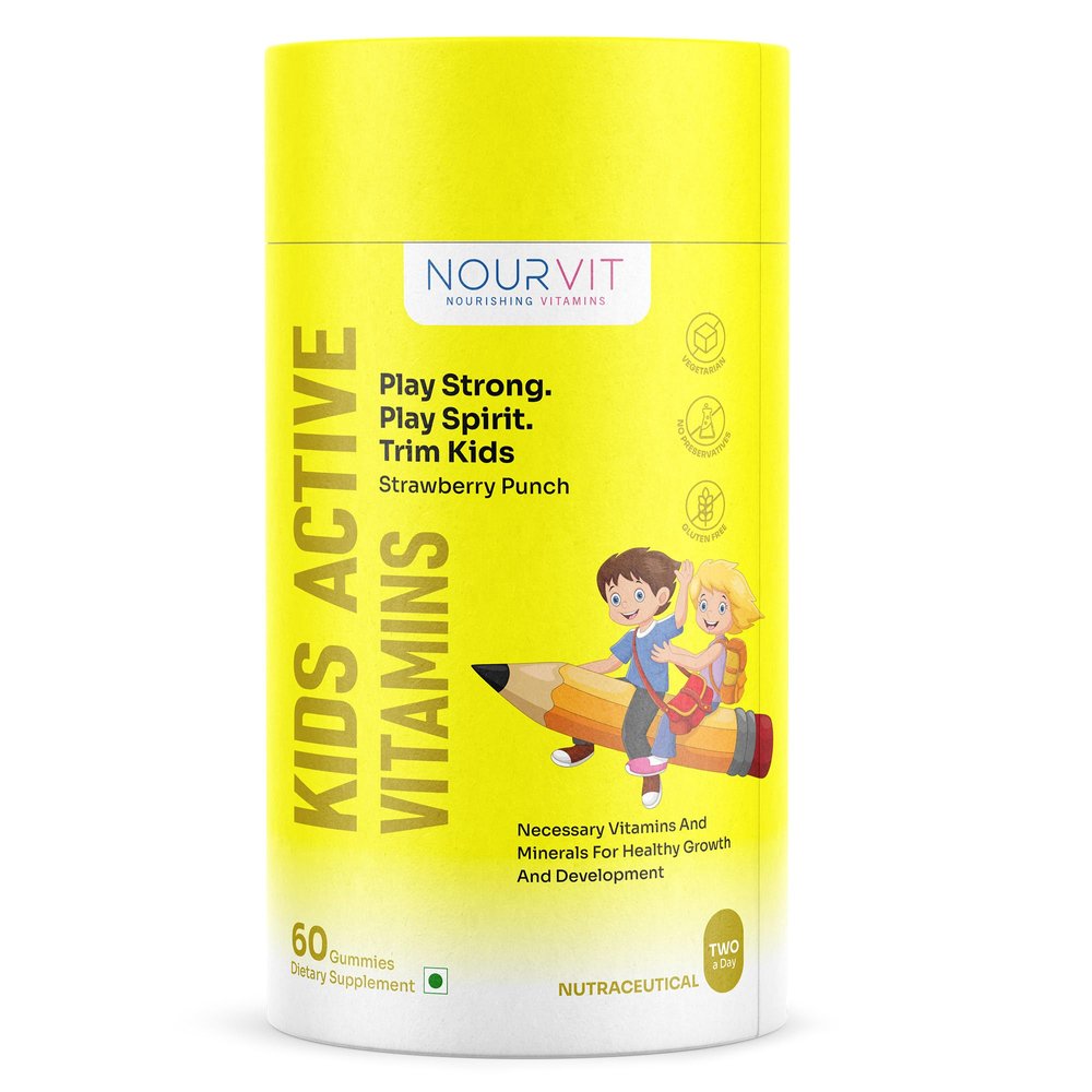 Nourvit Kids Active Vitamins Gummies with Strawberry Punch Flavour | Vegan Certified | Supports Immunity Health | Strenghtens Bone Density