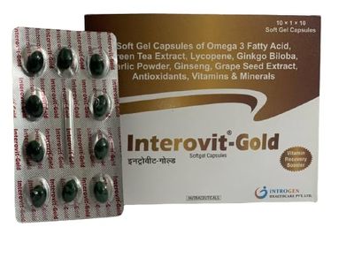 Interovit-gold Soft Gel Capsules of cc, reen Tea Extract, Lycopene, Ginkgo Biloba, arlic Powder, Ginseng, Grape Seed Extract, Antioxidants, Vitamins & Minerals