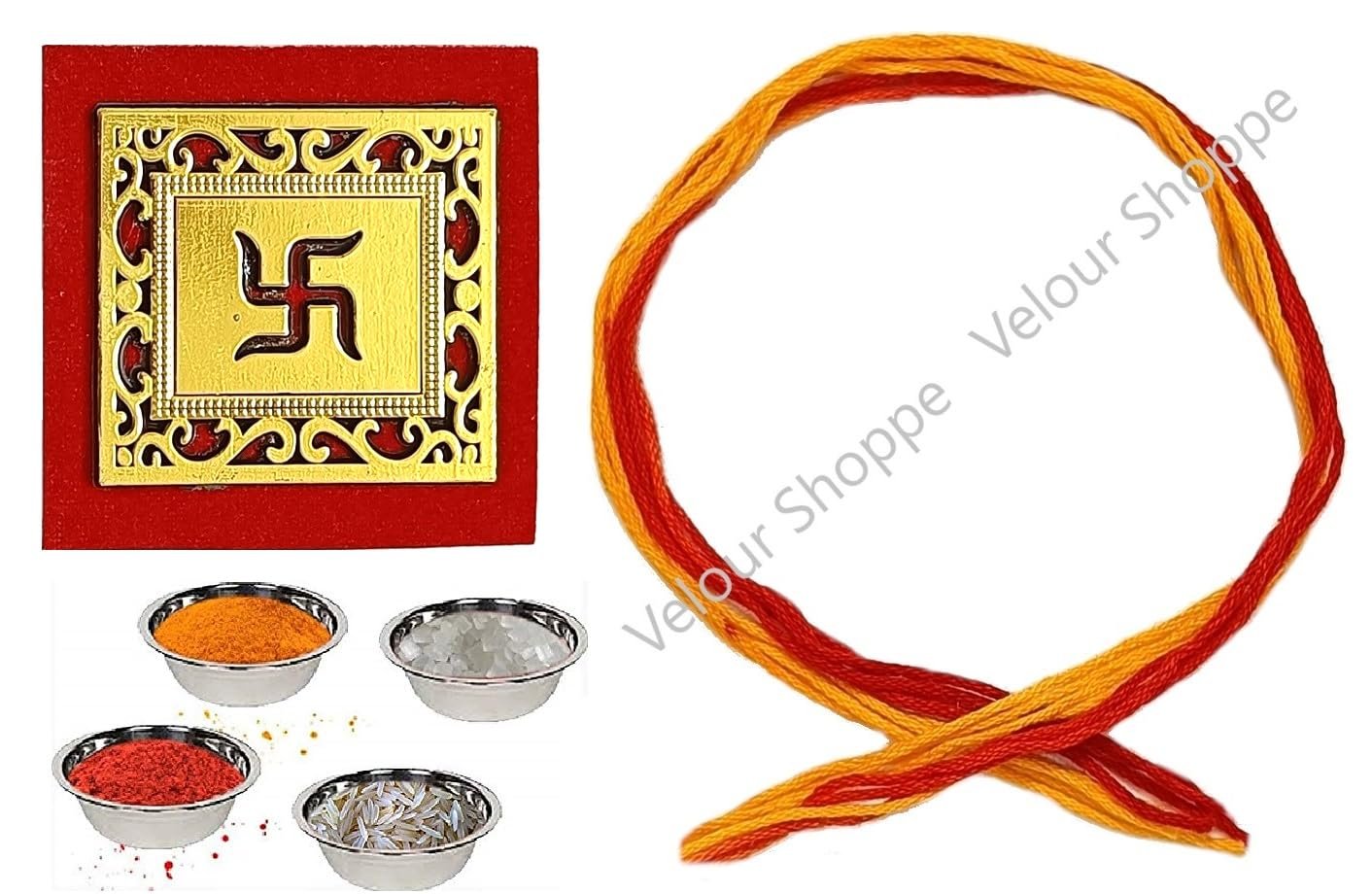 Bhai Dooj Gift Set for Brother- Thread with Roli, Chawal, Chandan, Mishri in Swastik Pack for Sweet Bhaiya Tikka & Personal Message