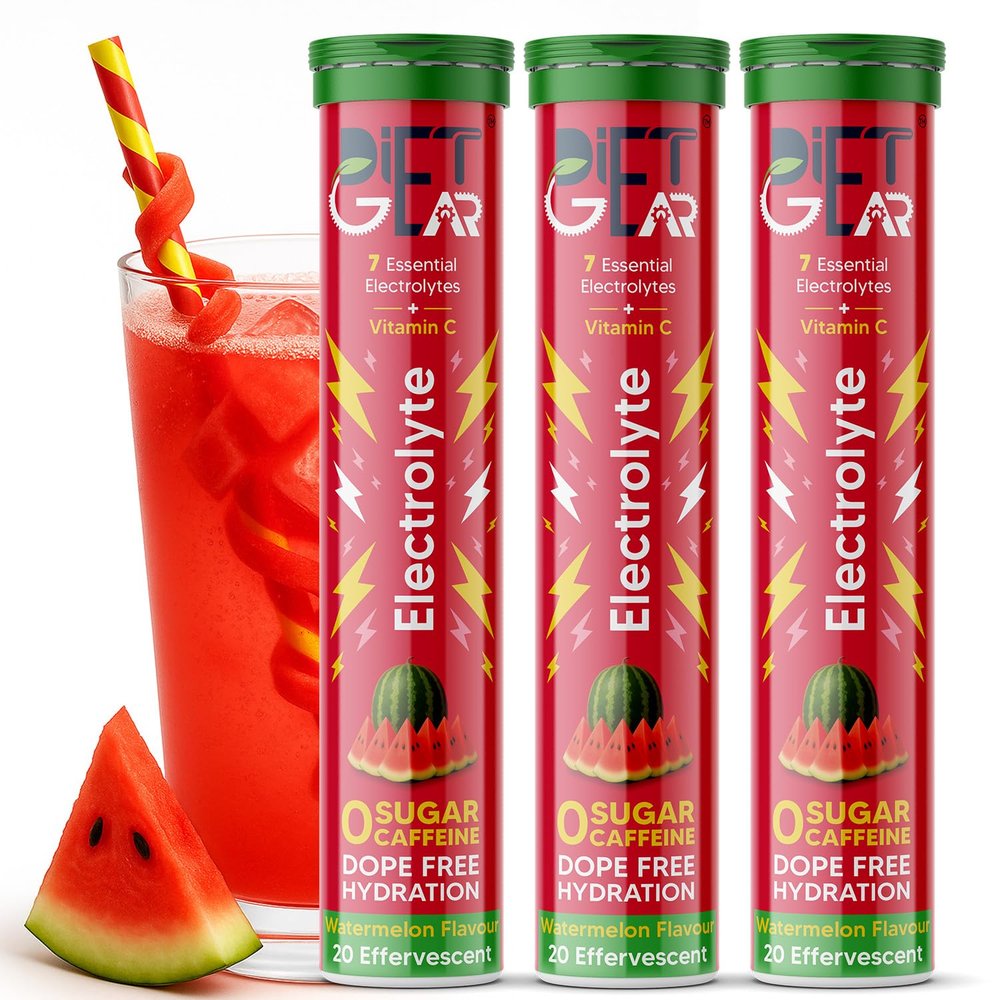 DIET GEAR No Junk Electrolyte | 15 Ltr/60 Servings | Zero Sugar, Zero Caffeine, Zero BS Energy Drink | 7 Electrolytes + Vitamin C That Works as Hard as You Do | Made for Indias Heat & Hustle | Watermelon Flavour