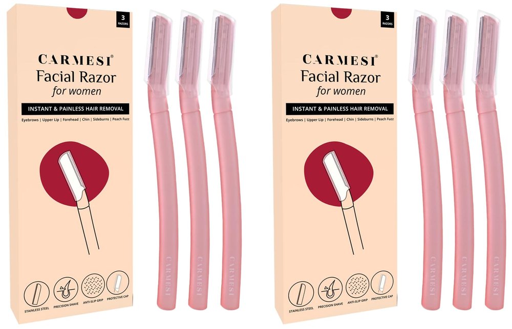 Carmesi Reusable Face Razor for Women Facial Hair- 3 Razors | Instant & Painless Hair Removal | For Eyebrows, Upper Lip, Forehead, Peach Fuzz, Chin and Sideburns | Dermaplaning Tool (Pack of 2)