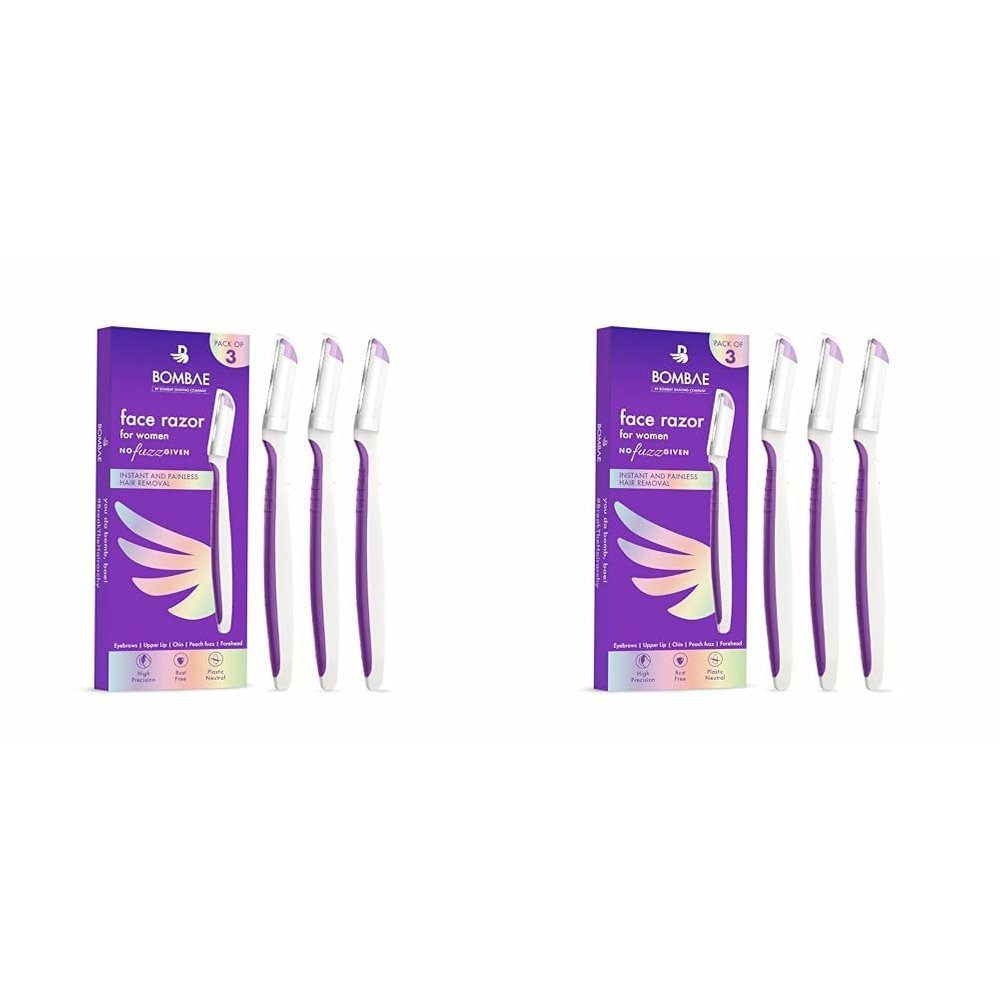Bombae Reusable Face Razor For Women Facial Hair - 3 | Instant Glow & Painless Hair Removal | For Eyebrows, Upper Lip, Chin, Peach Fuzz, Forehead, Unibrow, Sideburns (Pack of 2)