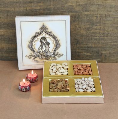 SFU E Com Dry Fruit Gift Box | Assorted Dryfruits Gift Hamper Pack with Almonds, Pistachio, Cashew Nuts, Raisins & 2 Pieces Designer Diya | Premium Gifting Collection For Diwali, New Year | 076