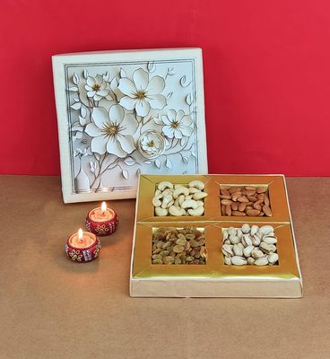 SFU E Com Dry Fruit Gift Box | Assorted Dryfruits Gift Hamper Pack with Almonds, Pistachio, Cashew Nuts, Raisins & 2 Pieces Designer Diya | Premium Gifting Collection For Diwali, New Year | 067
