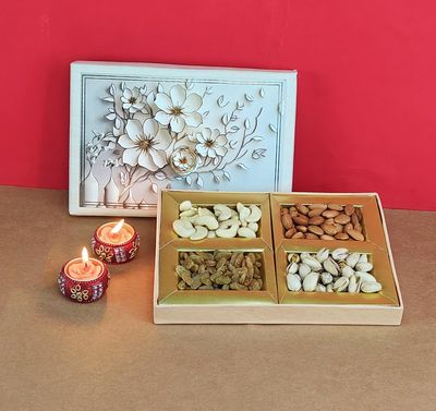 SFU E Com Dry Fruit Gift Box | Assorted Dryfruits Gift Hamper Pack with Almonds, Pistachio, Cashew Nuts, Raisins & 2 Pieces Designer Diya | Premium Gifting Collection For Diwali, New Year | 058