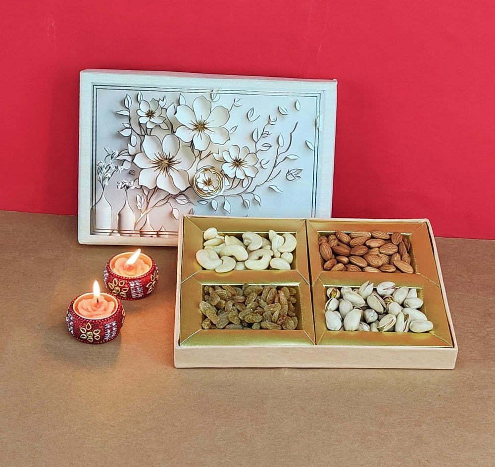 SFU E Com Dry Fruit Gift Box | Assorted Dryfruits Gift Hamper Pack with Almonds, Pistachio, Cashew Nuts, Raisins & 2 Pieces Designer Diya | Premium Gifting Collection For Diwali, New Year | 058