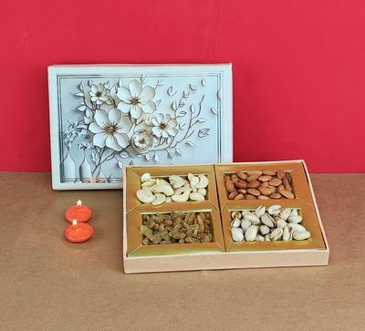 SFU E Com Dry Fruit Gift Box | Assorted Dryfruits Gift Hamper Pack with Almonds, Pistachio, Cashew Nuts, Raisins & 2 Pieces Red Candle | Premium Gifting Collection For Diwali, New Year | 060