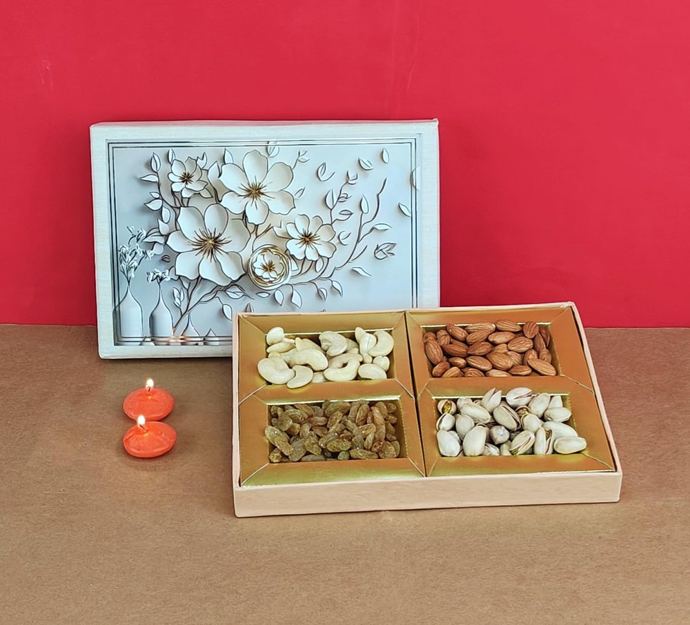 SFU E Com Dry Fruit Gift Box | Assorted Dryfruits Gift Hamper Pack with Almonds, Pistachio, Cashew Nuts, Raisins & 2 Pieces Red Candle | Premium Gifting Collection For Diwali, New Year | 060