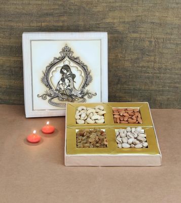SFU E Com Dry Fruit Gift Box | Assorted Dryfruits Gift Hamper Pack with Almonds, Pistachio, Cashew Nuts, Raisins & 2 Pieces Red Candle | Premium Gifting Collection For Diwali, New Year | 077