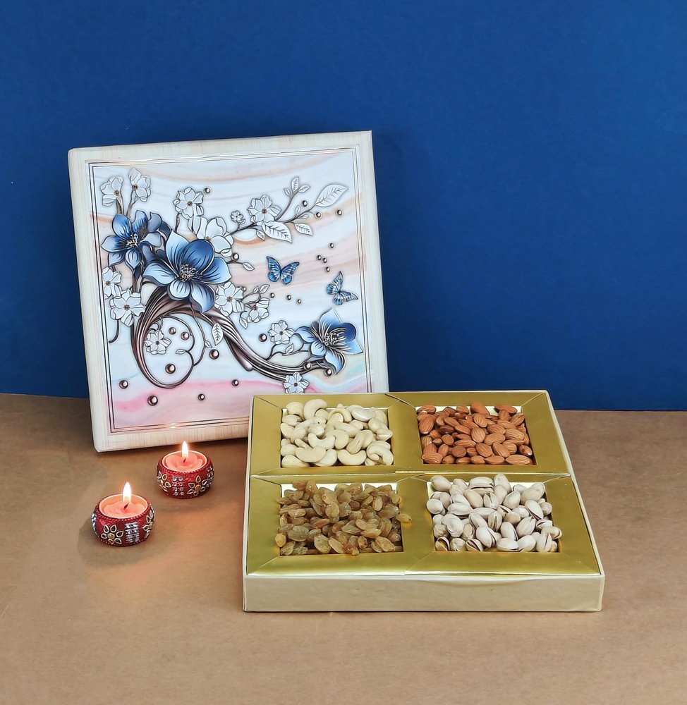 SFU E Com Dry Fruit Gift Box | Assorted Dryfruits Gift Hamper Pack with Almonds, Pistachio, Cashew Nuts, Raisins & 2 Pieces Designer Diya | Premium Gifting Collection For Diwali, New Year | 084
