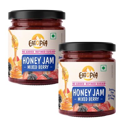 Eatopia Sugar Free Mixed Berry Honey Jam | 100% Pure & Natural | Healthy Jam for Kids & Adults | 70% Fruit Berries & Wild Honey | No Added Flavours & Preservatives | Good for Gut Health | Pack of 2-480g