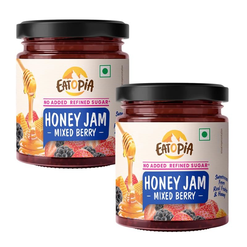 Eatopia Sugar Free Mixed Berry Honey Jam | 100% Pure & Natural | Healthy Jam for Kids & Adults | 70% Fruit Berries & Wild Honey | No Added Flavours & Preservatives | Good for Gut Health | Pack of 2-480g