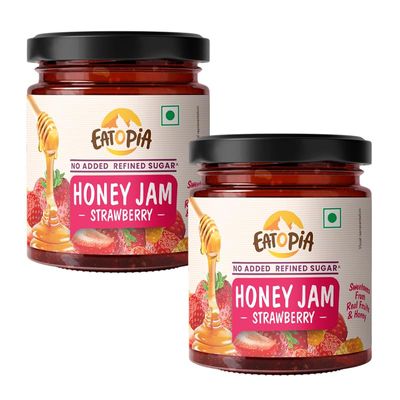 Eatopia Sugar Free Strawberry Honey Jam | 100% Pure & Natural | Healthy Jam for Kids & Adults | No Added Flavours & Preservatives | 70% Strawberries & Wild Honey | Good for Gut Health | Pack of 2-480g