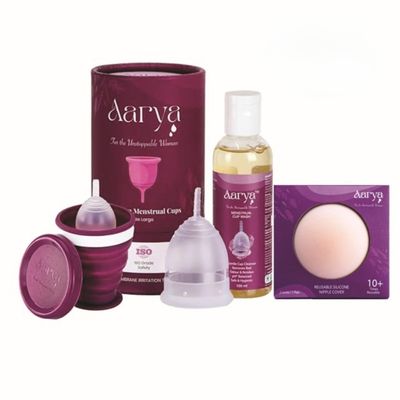 AARYA Premium Large Menstrual Cup for Women| Free Silicone Nipple Cover | Purple Menstrual Cup Food Grade Silicone Sterilizer Container Microwaveable | With Cup Wash 100ml (Combo)