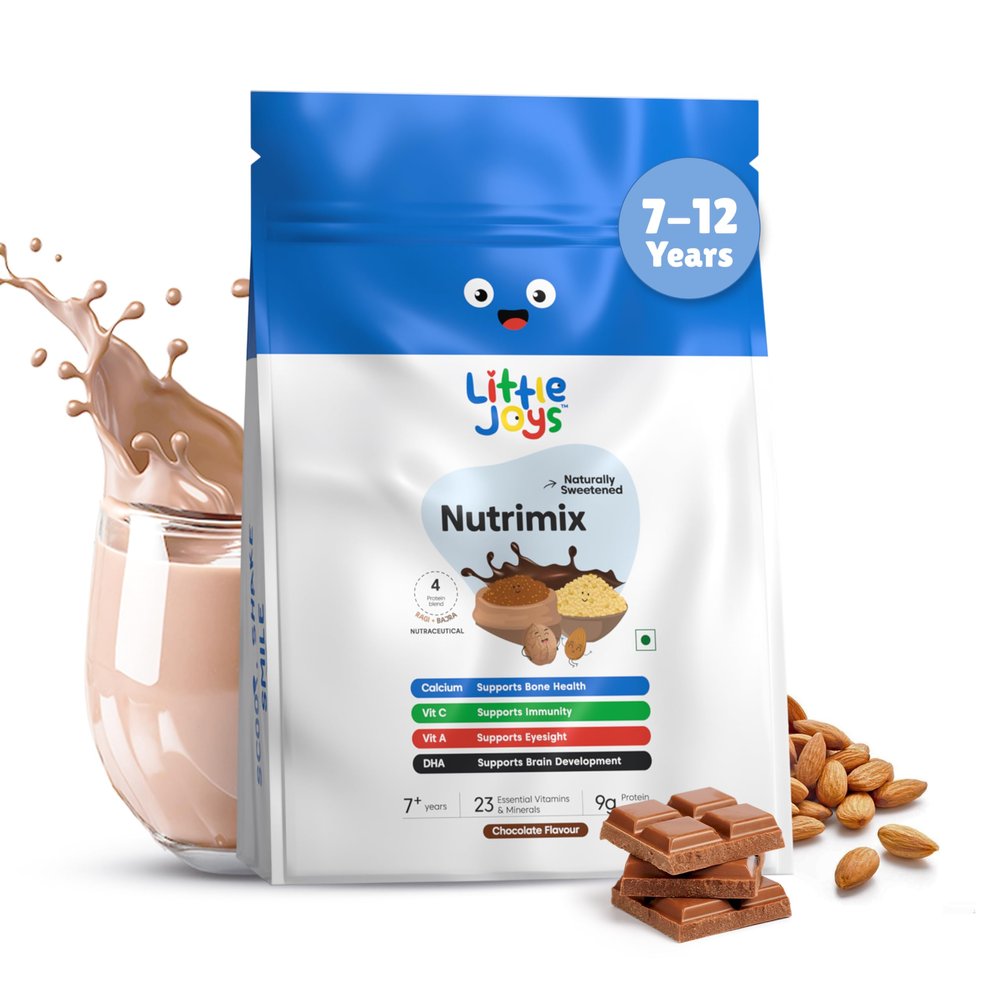 Little Joys Chocolate Nutrimix 7+ (700g) | 7-12 Years | Naturally Sweetened with Dates & Jaggery | With 23 Essential Vitamins & Minerals | 9g Protein per Serving | Supports Healthy Growth & Boosts Immunity | With Ragi, Bajra, Almonds & Oats | Chocola