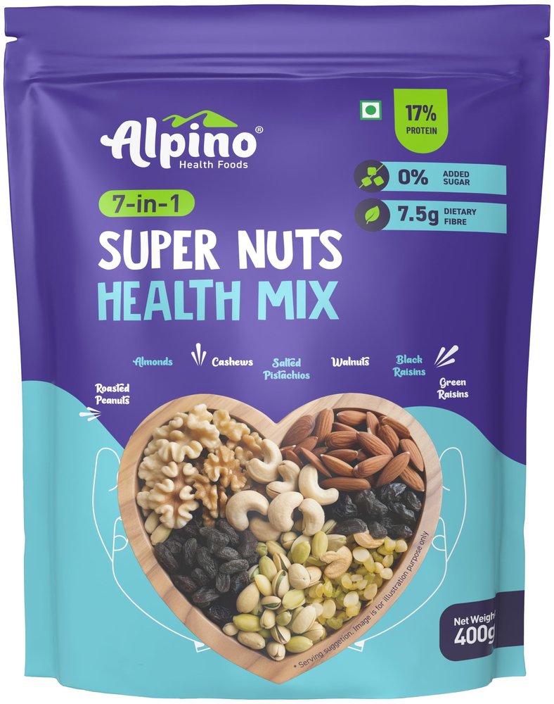 Alpino 7-in-1 Super Nuts Health Trial Mix 400g - Mix of 7 Poweful Nuts - 17g Protein, 1100mg Omega-3, 7.5g Dietary Fibre, 0 Added Sugar, No Preservatives