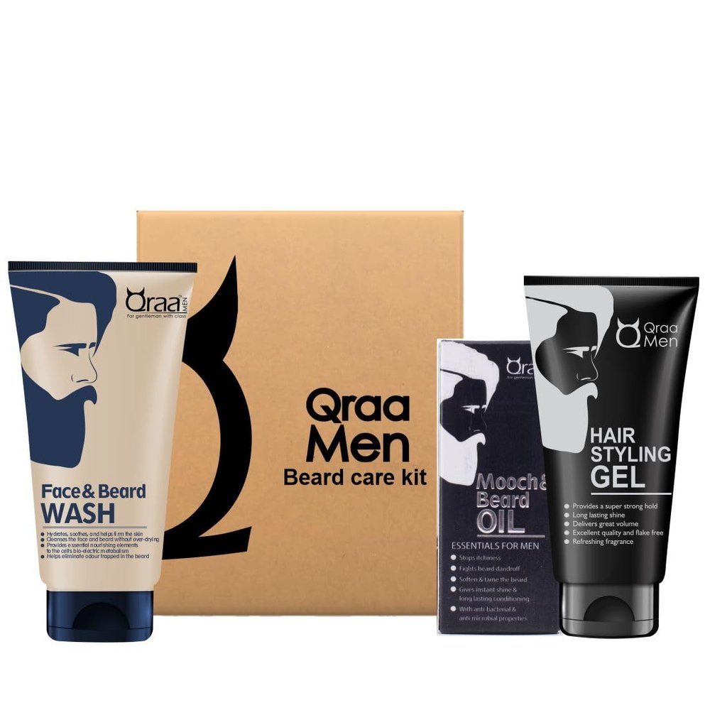 Qraa Beard care kit -Mooch & Beard Oil-For Hair growth,Face and Beard Wash and Hair Styling Gel for men (Set of 3)