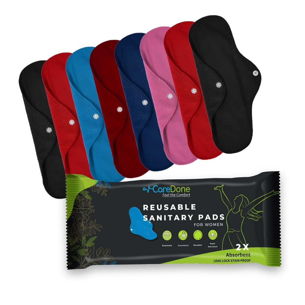 CareDone Soft and Absorbent Reusable Cloth Period Pads for Heavy Flow Leak-proof Overnight Protects, Multicolor Cloth Pads Set with Wings for Women, Washable Overnight Cloth Period Pads. (Pack of 8)