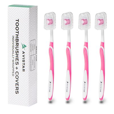 4 Pack Toothbrushes for Adults - Individually Wrapped Medium Bristle Toothbrushes with Covers - Pink - Convenient & Affordable Dental Care for Travel, Hotels, Airbnb, Missions & More