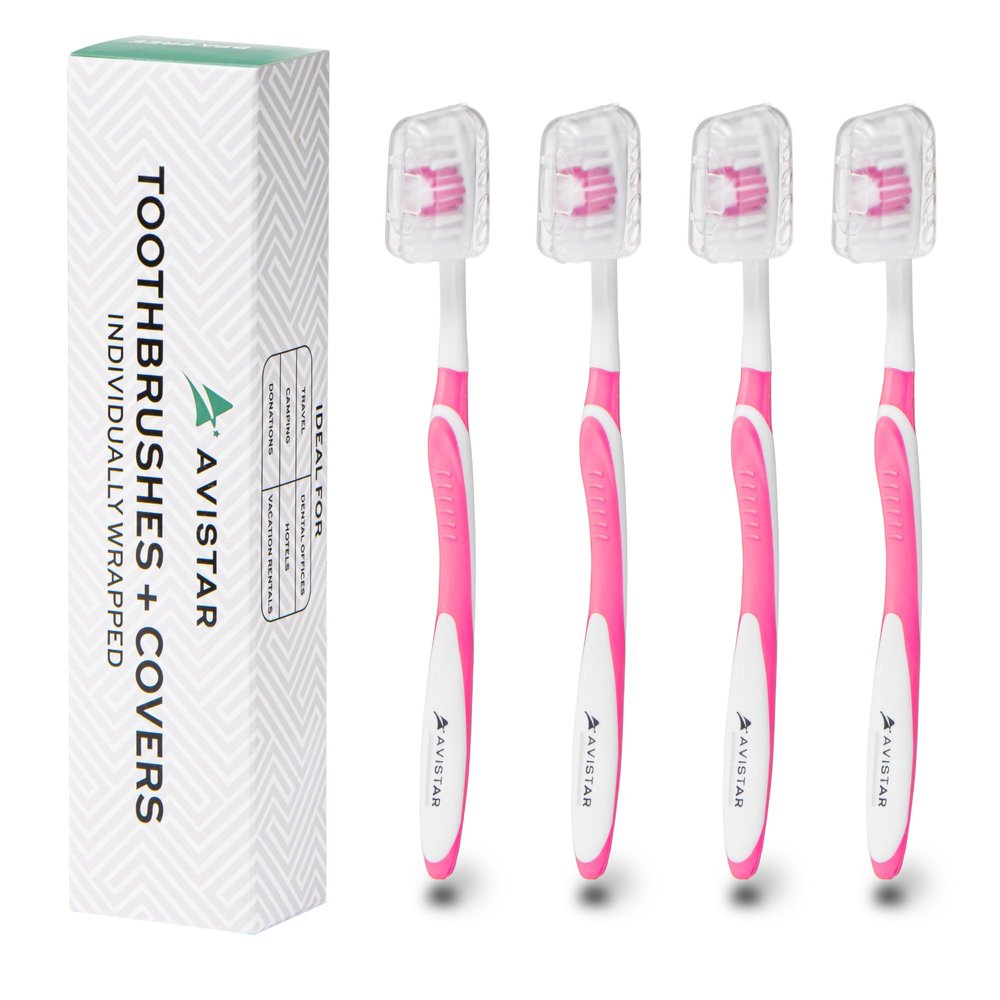 4 Pack Toothbrushes for Adults - Individually Wrapped Medium Bristle Toothbrushes with Covers - Pink - Convenient & Affordable Dental Care for Travel, Hotels, Airbnb, Missions & More