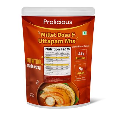 Prolicious 2X Protein Millet Dosa & Uttapam Mix| High Protein & High Fiber Breakfast | Plant based Protein | Just add water | 400 grams