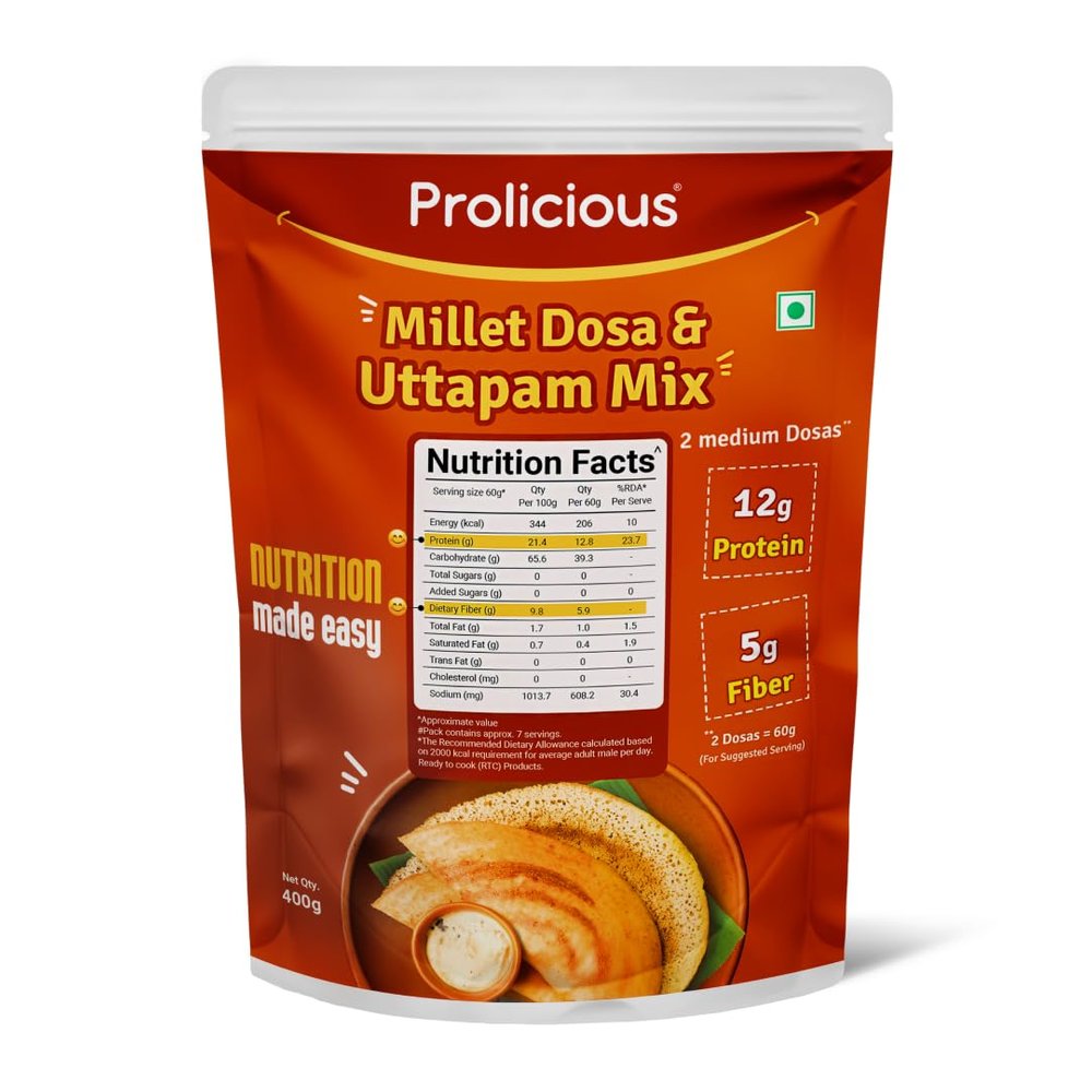 Prolicious 2X Protein Millet Dosa & Uttapam Mix| High Protein & High Fiber Breakfast | Plant based Protein | Just add water | 400 grams