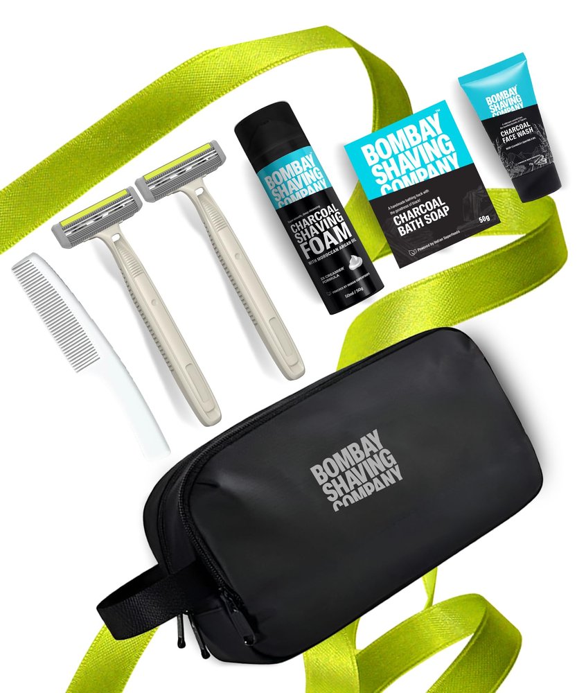 Bombay Shaving Company 7In1 Shaving Kit For Men | Valentine's Day Gift Kit For Men | Grooming Kit For Men | Charcoal Shaving Foam/Soap, Razor For Men, Charcoal Face Wash, Hair Comb With Travel Pouch