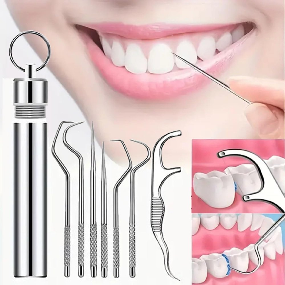 Teeth claening kit,Dental Tools, 7 in 1 Stainless Steel Teeth Cleaning Tool Kit, Dental Hygiene Kit Toothpicks Cleaning Picks Flosser for Teeth Braces Cleaning Tools