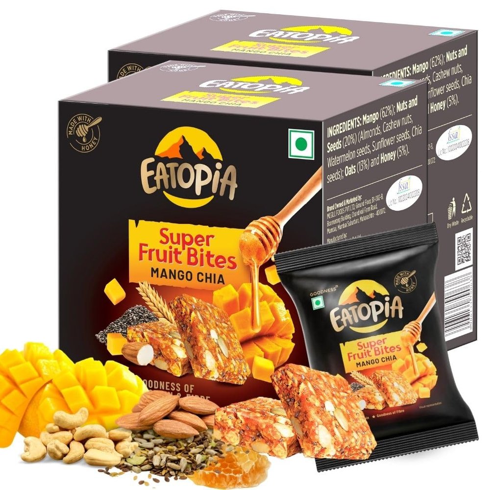 Eatopia Mango Chia Super Fruit Bites | Sugar Free Healthy Energy Bars | No Preservatives & Refined Sugar | Dry Fruits Protein Bars | Healthy Food | Oats & Honey, Nuts & Seeds | Pack of 2 (5 minis per box)