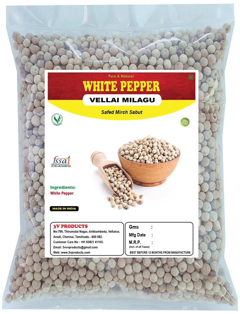 3V PRODUCTS White Pepper 50g | Vellai Milagu | White Peppercorn | Sabut Safed Mirch | Dakhni Mirch (Whole)