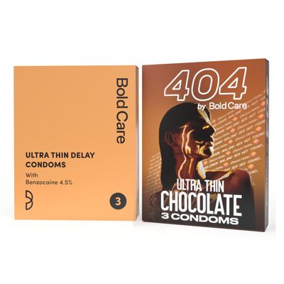 Bold Care Ultra Thin Long Last Condoms - Lubricated - Natural Latex + 404 Super Ultra Thin Chocolate Flavored Condoms - 60 Microns - Combo Pack