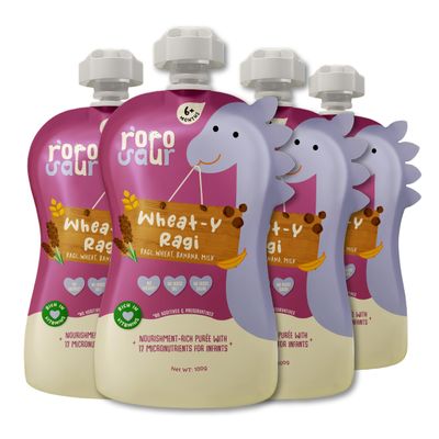 Rorosaur Ready to Eat Wheaty Ragi Baby Food Puree Pouch 100g each, Pk of 4| Made with Ragi, Wheat, Banana Porridge for 6+ Months Baby |Easy to Digest, 100% Natural Healthy, No Preservatives, No Sugar