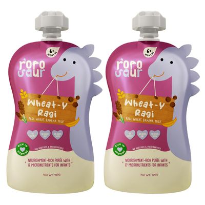 Rorosaur Baby Food Puree Pouch | Ragi, Wheat, Banana Porridge in Pouch for 6+ Months Baby |Easy to Digest, 100% Natural Healthy Ready to Eat, No Preservatives, No Sugar, No Salt | 100g each, Pk of 2