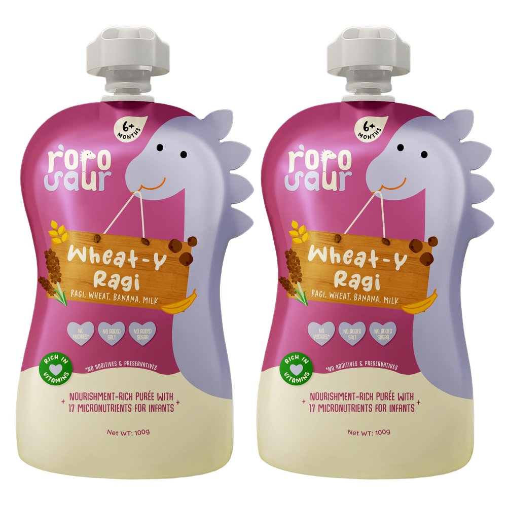 Rorosaur Baby Food Puree Pouch | Ragi, Wheat, Banana Porridge in Pouch for 6+ Months Baby |Easy to Digest, 100% Natural Healthy Ready to Eat, No Preservatives, No Sugar, No Salt | 100g each, Pk of 2