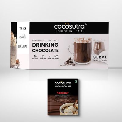 Cocosutra Hot Chocolate Travel Friendly Gift Hamper | Hazelnut Drinking Chocolate Powder | 20 Single Serves | Enjoy Hot or Cold | Vegan & Gluten Free | No Preservatives | Ready in 2 Minutes | Celebration Box | 400g